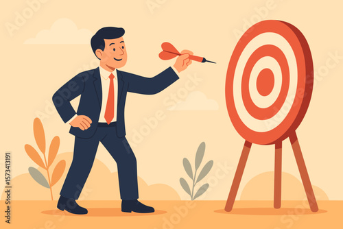 Businessman aiming at target with dart. Easy way to achieve business goal or success. Marketing strategy objective, confidence and skill to win challenge. Perfection concept.