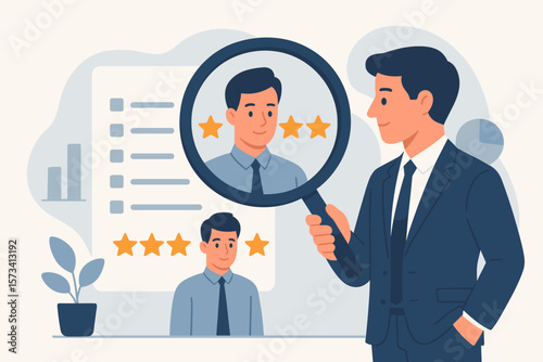 Employee performance evaluation. Job appraisal. Annual review. Manager with magnifier. Human resources assessment for rating, feedback, and goal achievement. Staff career.