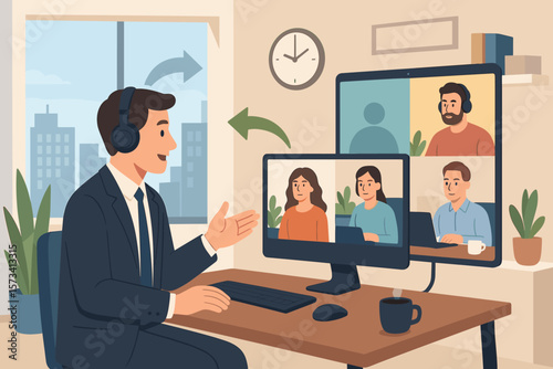 Hybrid work model business conference. Remote work from home or office choice. Flexible workplace for productivity. Virtual meeting, teamwork, digital collaboration, corporate communication