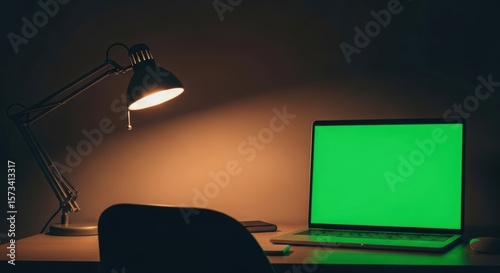 Laptop with green screen on a desk with a lamp illuminating the background. Gadget at home workspace for copy space.