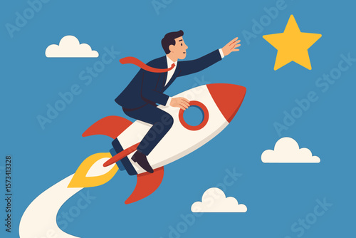 Ambitious businessman riding rocket reaching for star, symbolizing innovation, career success, entrepreneurship, leadership, business growth, opportunity, achievement, motivation