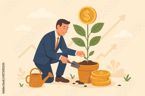 Businessman Investor Planting Money Tree, Growing Wealth, Investment Asset, Financial Growth, Saving for Retirement, Pension Fund, Profit, Economic Success, Financial Planning Concept