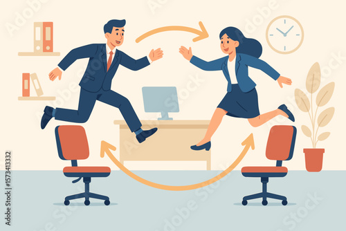 Job rotation and employee position switch concept. Businessman and businesswoman jumping between office chairs. Career development, workplace skills, new responsibility, teamwork.