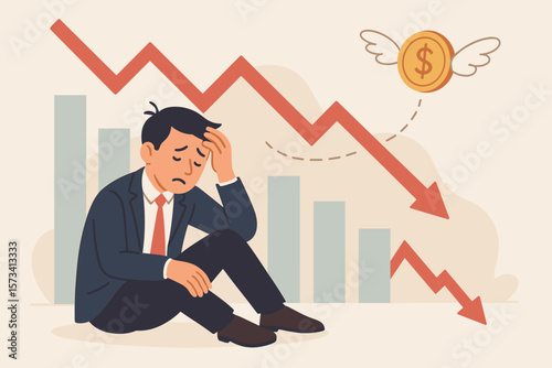 Financial crisis, business failure, investment loss, debt or bankruptcy problem concept. Sad businessman, falling graph, money with wings, economic recession, despair, loss, stress