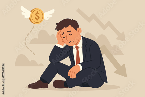 Financial loss, bankruptcy, recession, economic crisis concept. Sad businessman in suit sitting hopeless, money with wings flying away, debt, investment mistake, tax problem