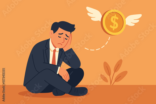 Losing money from business failure or investment mistake. Financial crisis metaphor. Sad hopeless businessman watching flying coin. Debt problem, tax, bankruptcy, recession concept.