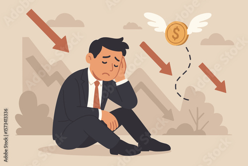 Financial loss, bankruptcy, economic crisis, recession, investment mistake, tax debt problem. Sad businessman, falling profits, money with wings, downward arrows, hopeless concept