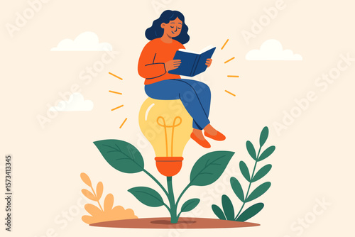 Lifelong Learning Growth Mindset Concept. Woman Reading Book Sitting on Lightbulb Plant. Education, Knowledge, Personal Development, Skill Improvement, Inspiration, Success