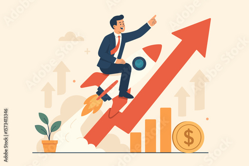 Businessman riding rocket arrow symbolizing investment growth, profit boost, fast market returns, startup launch, financial improvement, success, economic progress, revenue increase