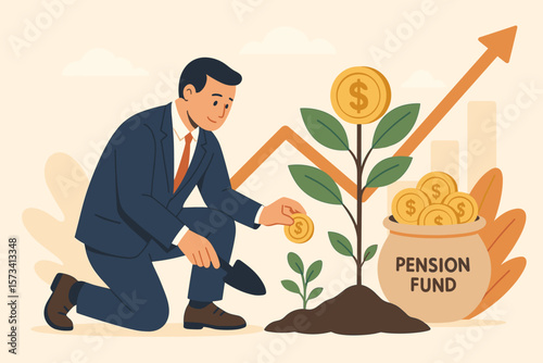 Businessman Investor Growing Pension Fund, Planting Money Tree for Retirement Savings, Investment Growth, Wealth Accumulation, Financial Planning, Profit and Asset Management Concept