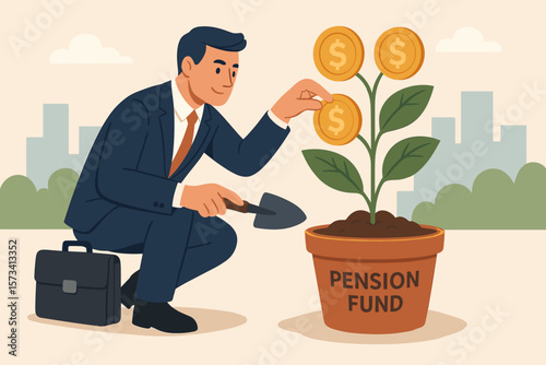 Businessman Investor Growing Pension Fund, Investment Asset Growth, Retirement Savings, Financial Planning, Wealth Management, Profit Concept, Money Plant, Urban Background