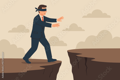 Blindfolded businessman walking toward cliff gap. Wrong decision, risky leadership, business mistake, danger, failure, uncertainty, risk management, bad strategy concept