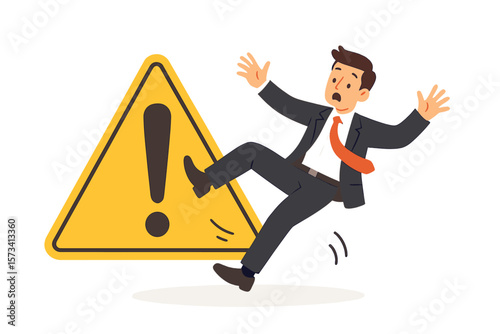 Businessman slipping on caution sign. Risk management, danger warning, workplace accident prevention, mistake alert, business failure, safety awareness, exclamation symbol