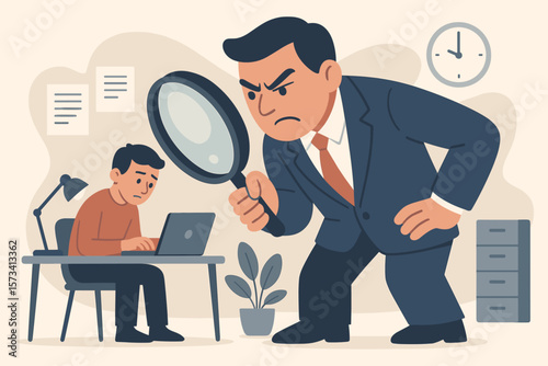 Micromanaging boss supervising employee with magnifying glass, toxic workplace control, excessive supervision, strict manager monitoring work, stressful office environment, micromanagement concept