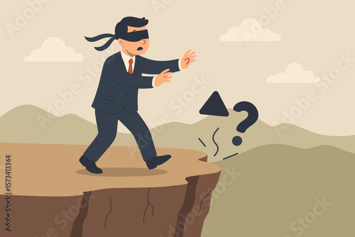 Blindfolded businessman walking off cliff, symbolizing wrong decision, leadership mistake, business risk, failure, uncertainty, danger, problem-solving, bad management concept