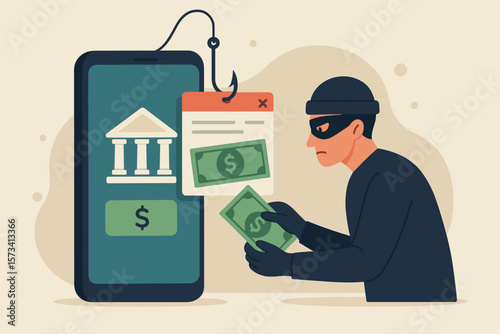 Phishing scam concept. Hacker stealing money from mobile banking app. Online fraud, cybercrime metaphor. Thief with smartphone, fake website link, and fishing hook bait.
