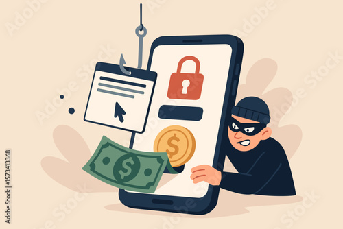 Mobile banking scam, phishing attack, online fraud, hacker stealing money via fake website, cybercrime, digital theft, smartphone security breach, financial data risk concept