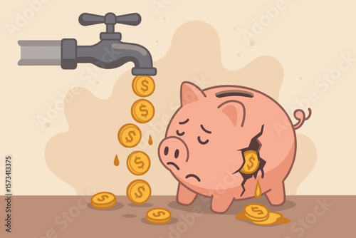 Financial loss concept. Leaking piggy bank with cracked side losing coins. Money dripping from faucet. Overspending, expense, debt, bankruptcy, poor savings, economic crisis metaphor.