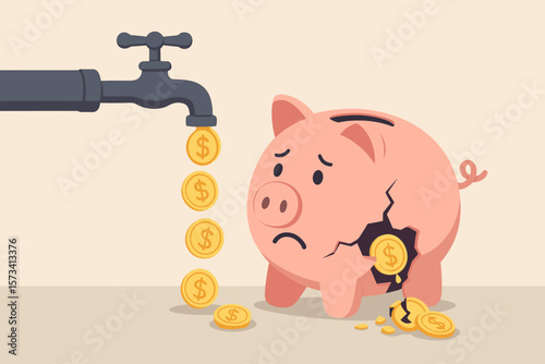 Financial loss concept, leaking savings, broken piggy bank, overspending, money drain, debt, expenses, bankruptcy, cash flow crisis, faucet with falling coins, poor savings