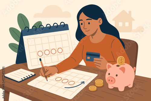 Financial planning, budgeting, monthly expenses, bill payment, debt management, savings strategy, investment planning, credit card payment, smart woman managing money at home