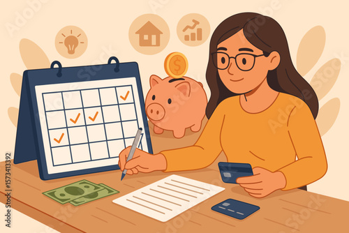 Woman plans monthly budget on calendar. Financial planning concept for expense, bill, mortgage, debt, savings and investment. Money management and credit card payment.