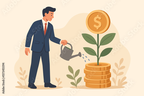 Businessman watering money tree. Financial investment growth concept. Metaphor for wealth management, savings, profit, pension fund, ROI. Earning increase and success.