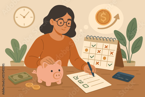 Financial planning and budgeting concept. Woman managing monthly expenses, paying bills, saving money, using piggy bank, credit card, calendar, checklist, investment strategy, home finance