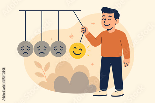 Positive thinking and emotional intelligence concept. Man holding smiling face pendulum inspires happiness, optimism, balance between sadness and joy, mental health metaphor