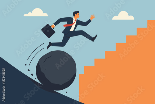 Businessman overcoming adversity, jumping over rolling boulder toward stairs, symbolizing business growth, leadership, challenge, success, competition, risk, ambition, opportunity