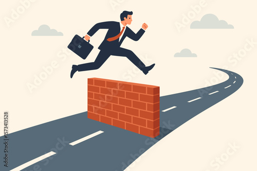 Businessman Jumping Over Brick Wall Barrier on Road, Overcoming Obstacle, Solving Business Problem, Career Challenge, Success, Determination, Solution, Achievement Concept