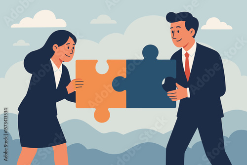 Business partnership teamwork concept. Man and woman in suits connecting puzzle pieces. Collaboration, cooperation, unity, problem solving, mutual success, corporate alliance, synergy