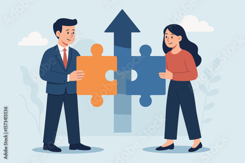 Partnership for success. Business team connection. Solving problems together. Teamwork and cooperation. Man and woman holding puzzle pieces. Metaphor for growth and unity.