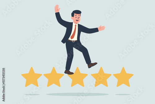Businessman Balancing on Five Stars, Annual Employee Performance Review, Appraisal, Rating Feedback, Success, Excellence, Professional Achievement, Evaluation Concept Illustration
