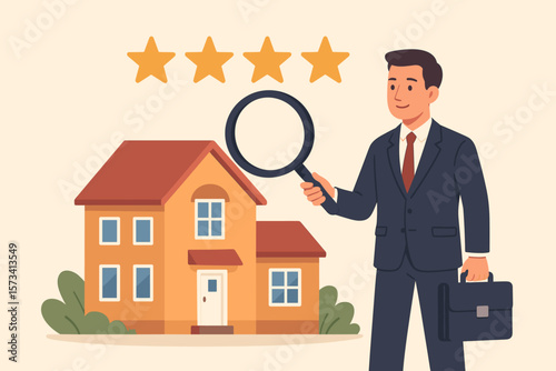 Real estate appraisal and property valuation concept. Businessman appraiser evaluating house market value. Residential sale, housing assessment, rating, review, magnifying glass.