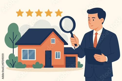 Real estate appraisal and property price evaluation concept. Businessman appraiser with magnifier assessing residential house value, market rating, housing inspection, sale review