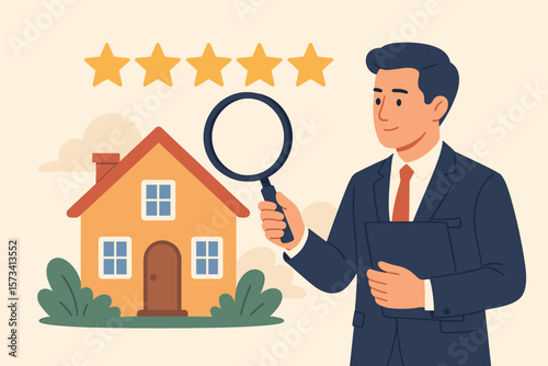 Real estate appraisal and property valuation concept. Businessman appraiser with magnifier inspecting house, five star rating, residential market assessment, home sale review