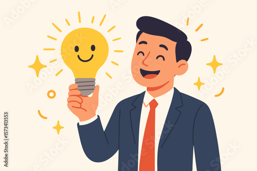 Happy businessman holding smiling lightbulb, positive thinking, optimistic mindset, creative idea, problem solving, success at work, motivation, innovation, cheerful attitude