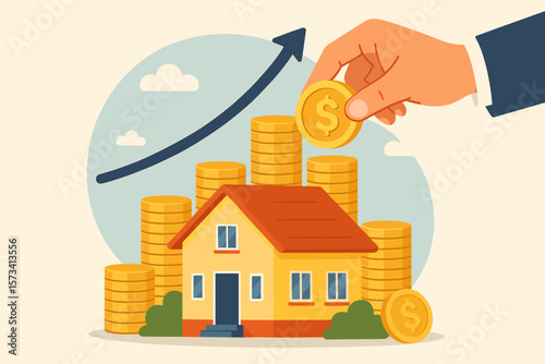 Real estate investment, property buying for rental income, house ownership, ROI, mortgage, financial growth, investing opportunity, profit, coins, upward trend, businessman