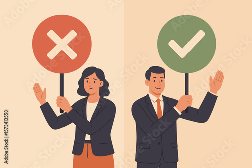 Business decision making concept with businesswoman holding red cross sign for no, businessman holding green check mark for yes, pros and cons, do and don’t, right and wrong, advice comparison