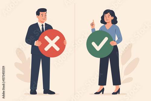 Business decision making concept. Male and female holding big check mark and cross sign. Pros and cons, do and don’t, yes or no, positive vs negative, right and wrong comparison