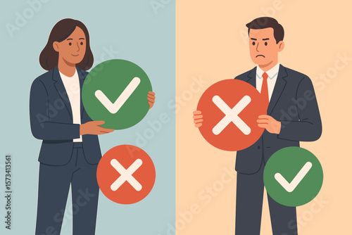 Business People Holding Large Pros and Cons Signs, Yes or No Decision Making, Good or Bad Idea, Positive Versus Negative Choice, Advice, Comparison, Do and Don’t Concept