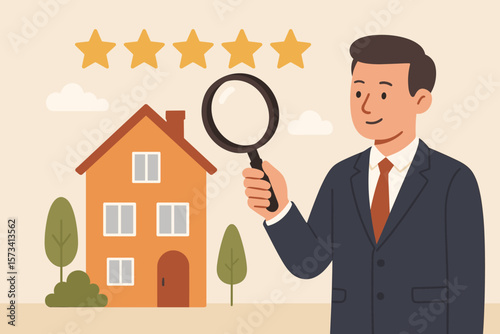 Real estate appraisal and property evaluation concept. Businessman appraiser with magnifier inspecting house for market value, rating, residential sale, housing assessment review