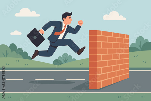 Businessman Jumping Over Brick Wall Obstacle, Overcoming Challenge, Solving Business Problem, Career Success, Achieving Goals, Motivation, Determination, Solution Concept