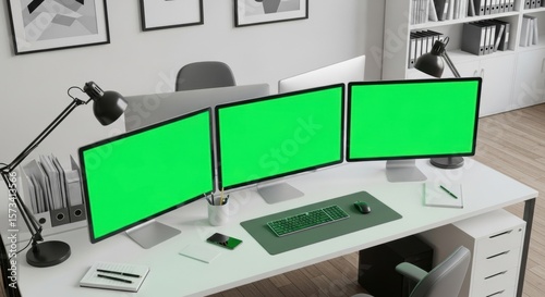 Modern office workspace with three green screen computer monitors for professional work and digital content display.