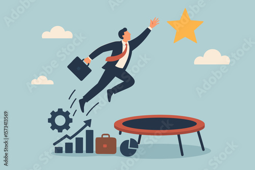 Business success and career development concept. Businessman bouncing on a trampoline to reach a star. Metaphor for growth, achievement, and using tools to reach goals.