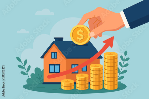 Real estate investment concept. Property investing for financial profit and growth. Return on investment ROI. Businessman hand putting coin in house. Mortgage ownership.