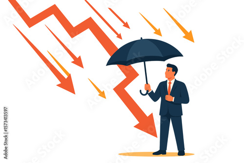 Businessman holding umbrella protecting from falling stock market arrows. Economic crisis, market crash, financial risk, business resilience, insurance, defense, downturn concept.