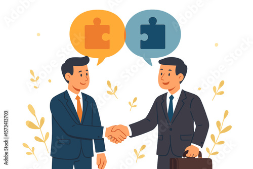 Businessmen handshake. Successful communication for business agreement. Partnership deal. Solution concept. Speech bubbles with puzzle pieces symbolize perfect match connection.