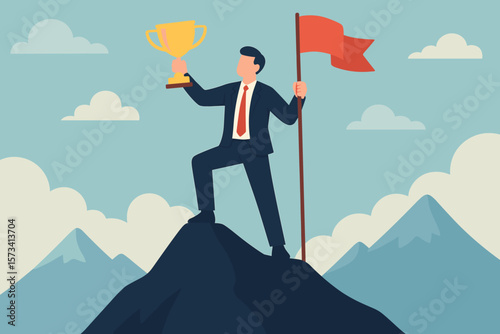 Businessman Standing on Mountain Peak Holding Trophy and Red Flag, Achievement Success Leadership, Motivation, Reaching Goal, Winner, Challenge, Ambition, Career Growth Concept