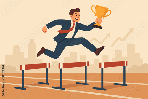 Business success achievement concept. Confident businessman leader jumping over hurdles with trophy. Overcoming obstacles, motivation, leadership, competition, company growth, victory.
